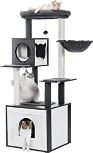 Pawz Road Modern Cat Tree Wood Cat Tower With Storage Cabinet Litter