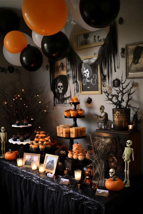 a table topped with lots of halloween treats and balloons in the shape of pumpkins