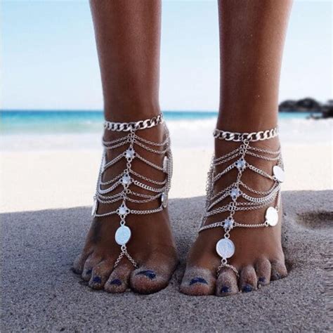 Silver Chain Beaded Slave Anklet Toes Ring Anklet Sexy Etsy