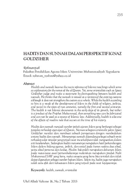 Pdf Hadits Dan Sunnah Dalam Perspektif Ignaz Goldziher Rohmansyah