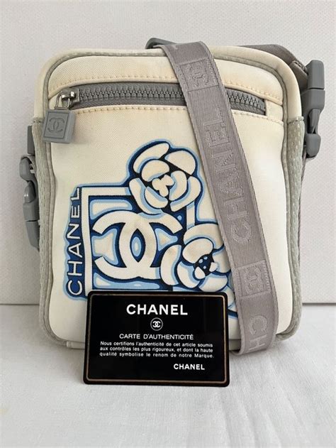 CHANEL Sportsline PM Segeltuch Crossbody Weiss Blau Kaufen