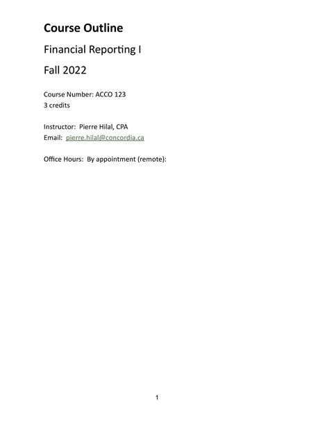 Acco 310 Outline Fall 2022 Course Outline Financial Reporting I