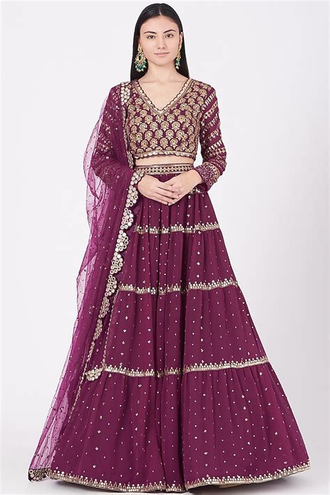 Wine Georgette Hand Embroidered Tiered Wedding Lehenga Set By Vvani By