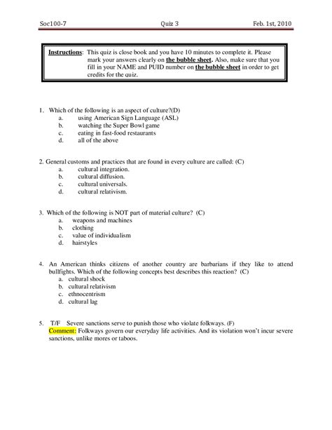 Introductory Sociology Multi Choice Quiz 3 With Answers Soc 10000 Docsity