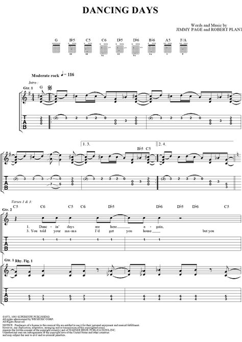 Dancing Days" Sheet Music by Led Zeppelin for Easy Guitar Tab/Vocal ...