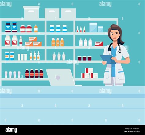 Pharmacy With Nurse In Counter Drugstore Cartoon Character Design