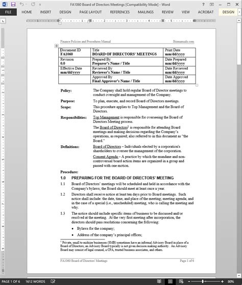 Board Of Directors Meetings Procedure Template Word