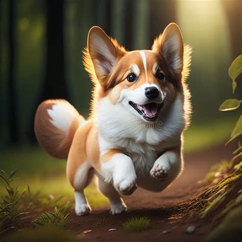 Cute and Adorable Little Corgi Running through the Sunny Forest ...