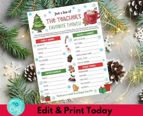 Editable Teacher Holiday Wish List Christmas Teacher Favorites Survey