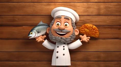 Smiling Chef Cook Poses With A Fish A Cartoon Restaurant Chief In White