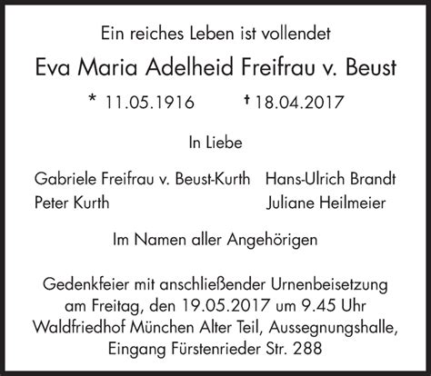 Traueranzeigen Von Eva Maria Adelheid Freifrau V Beust Sz Gedenken De