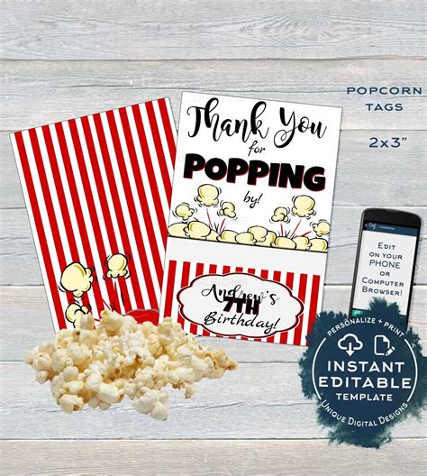 Popcorn Tag, Editable Popcorn Party Favor Labels, Food Tag Birthday Pa