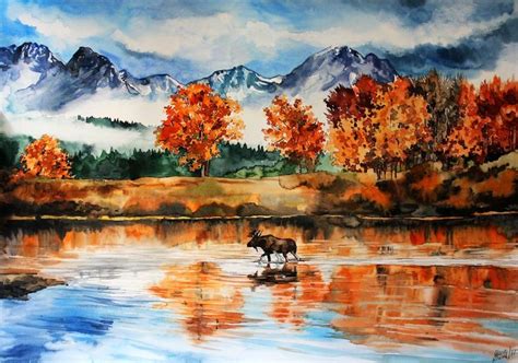 #Artistic #Watercolor #Elk #Fall #Lake #Mountain #Nature #Painting # ...