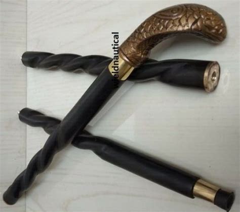 Victorian Brass Solid Snake Head Handle Cane Wooden W Gem