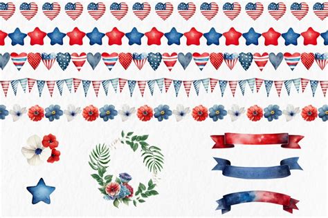 Independence Day Watercolor Clipart PNG Seamless Borders