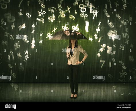 Businesswoman Standing With Umbrella And 3d Numbers Raining Concept