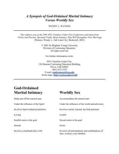 A Synopsis Of God Ordained Marital Intimacy Versus Worldly Sex