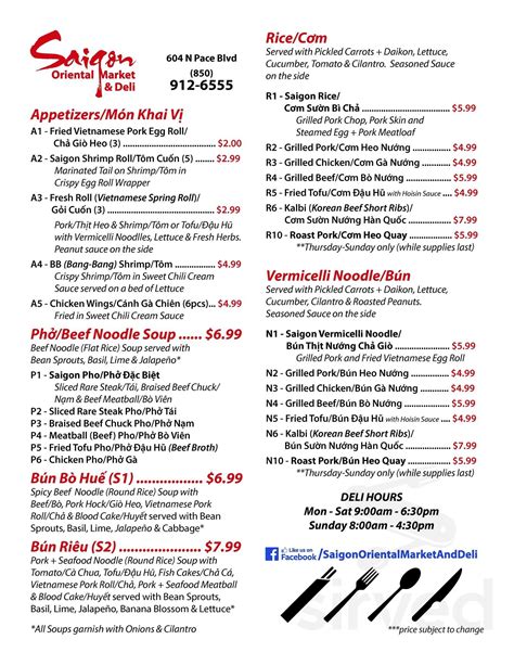 Saigon Oriental Market And Deli Menu In Pensacola Florida Usa