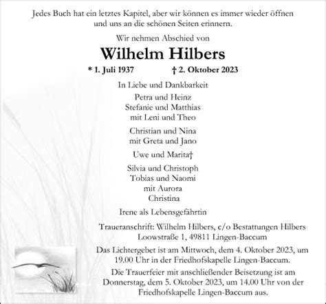 Traueranzeigen Von Wilhelm Hilbers Noz Trauerportal