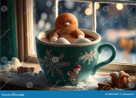 Cup Of Hot Chocolate With Cute Gingerbread Figure On Hot Cocoa Cup