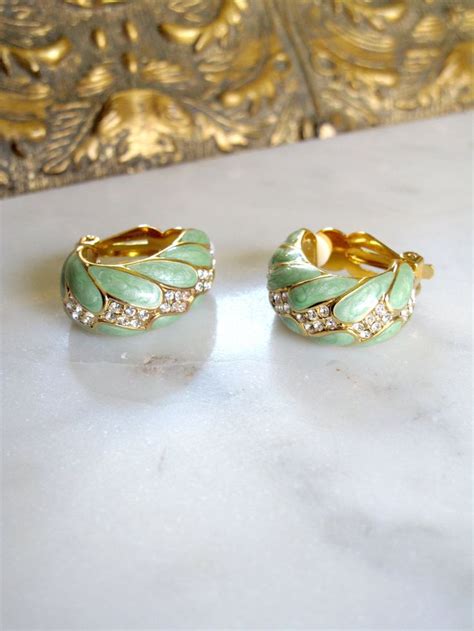 Joan Rivers Signed Green Enamel Half Hoop Leaf Earrings In Etsy