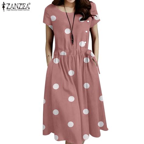 ZANZEA Women Daily Casual Short Sleeve Button Polka Dot Side Drawstring