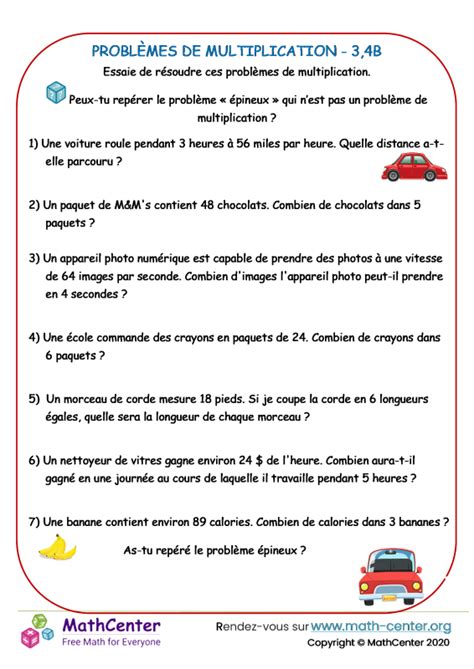 CM1 Fiches de travail Problèmes de multiplication Math Center