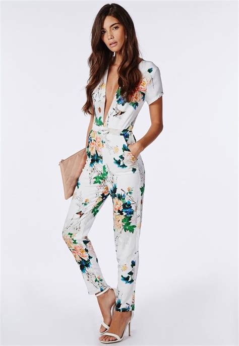 Floral Plunge Jumpsuit White Fashion Jumpsuits For Women Clothes