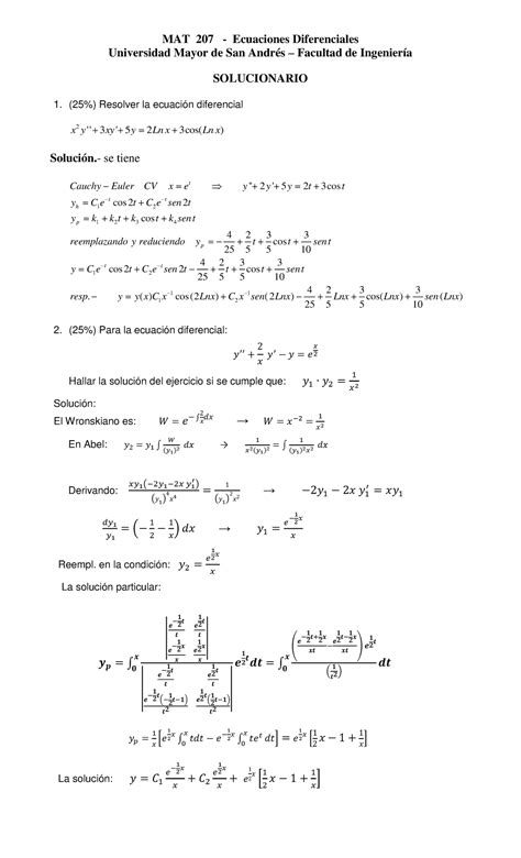 Solucionario 2do Parcial MAT 207 Ecuaciones Diferenciales