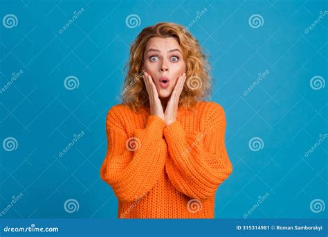 Photo Of Shocked Crazy Woman Wear Stylish Orange Clothes Arm Cheeks