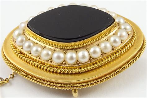 Antique Victorian 15ct Yellow Gold Onyx And Seed Pearl Set Mourning