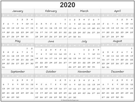 2020 Year Calendar Yearly Printable