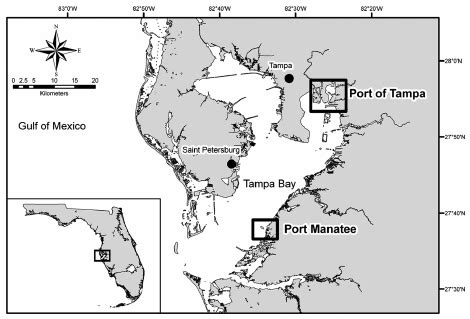 Map of Tampa Bay, Florida, USA, showing the Port of Tampa and Port ...