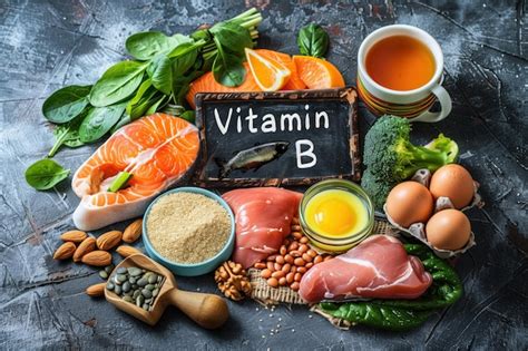 Premium Photo | Vitamin B Rich Foods Including Salmon Vegetables and Nuts