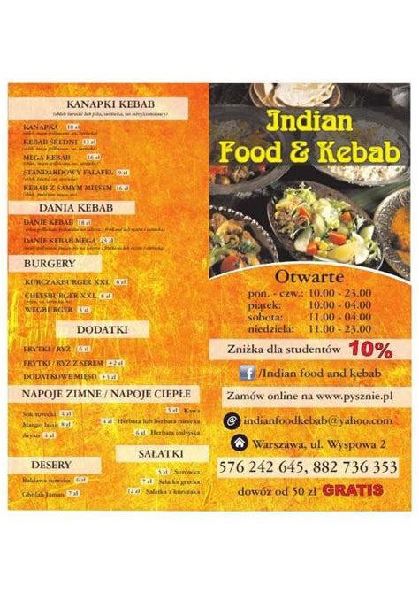 Menu at Indian Food & Kebab restaurant, Warsaw