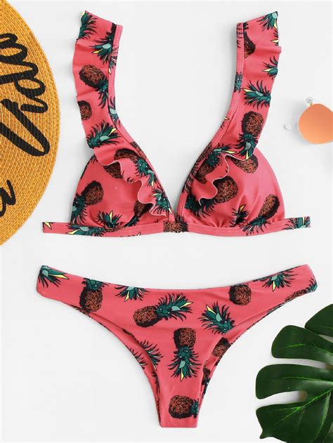 Pineapple Print Ruffle Top With Hipster Bikini Bikinis Hipster