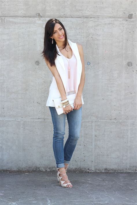 White Sleeveless Blazer Looks Casuais Moda Looks