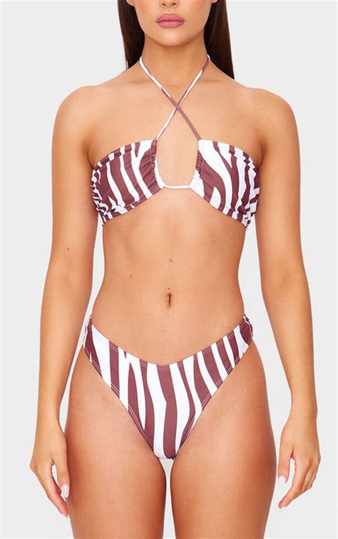 Brown Zebra Print High Leg Cheeky Bikini Bottoms Swimwear Plt