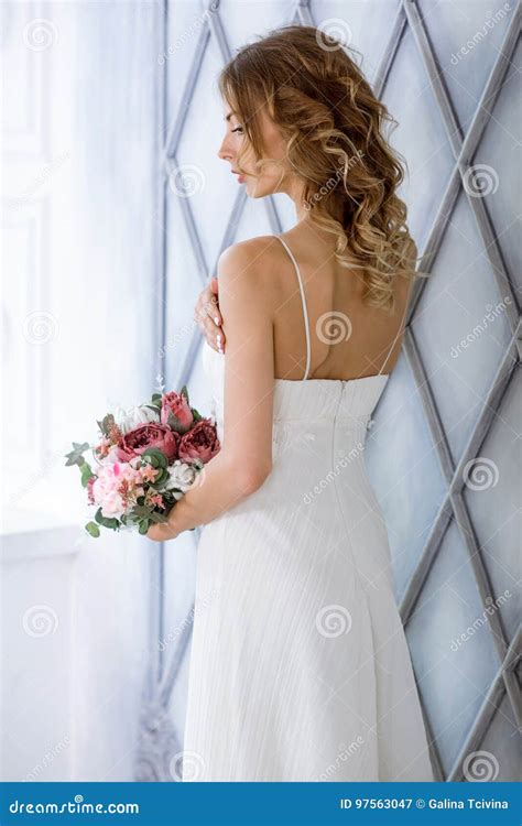 Brunette Bride In Fashion White Wedding Dress With Makeup Stock Image Image Of Church Jewel