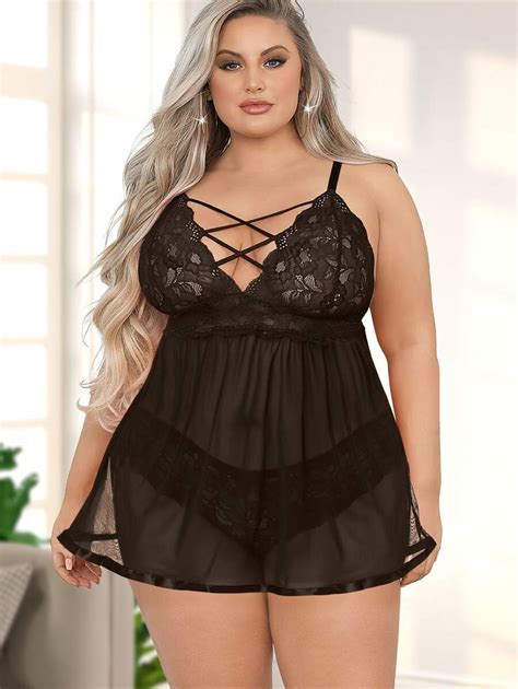 Women S Plus Size Cross V Neck Backless Design Lace Lingerie Set Shein Usa