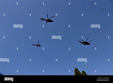 Italian Military Parade On 2 June Group Of Helicopters Flies Over The