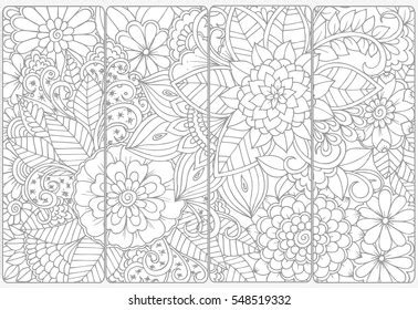 Set Four Bookmarks Floral Doodling Black Stock Vector Royalty Free