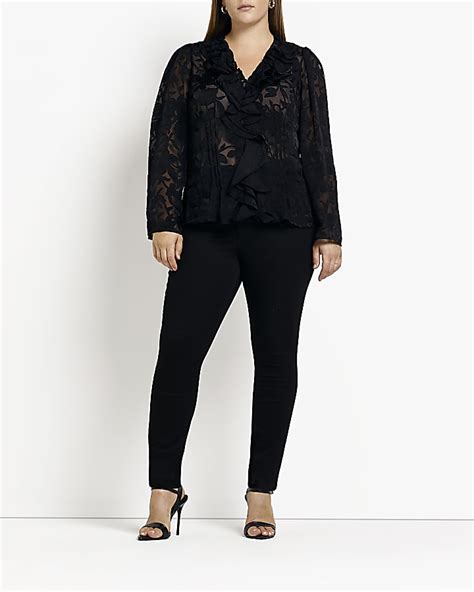 Plus Black Floral Frill Blouse River Island