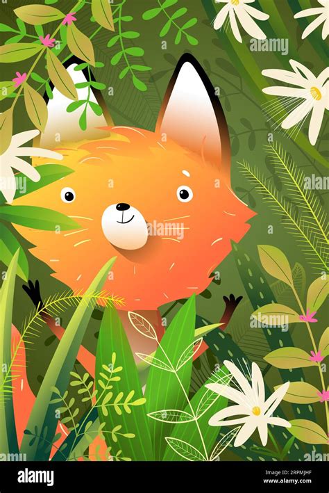 Cute Baby Fox Hiding in Wild Nature Kids Cartoon Stock Vector Image ...