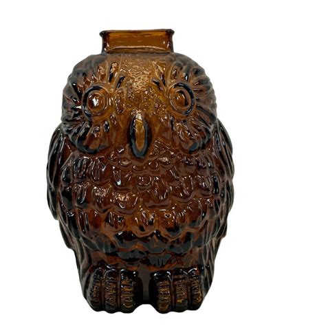 Libbey Accents Vintage Amber Glass Owl Bank Wise Old Owl Smash Bank