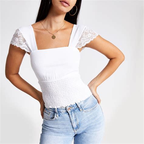 River Island Lace Shirred Top In White Lyst