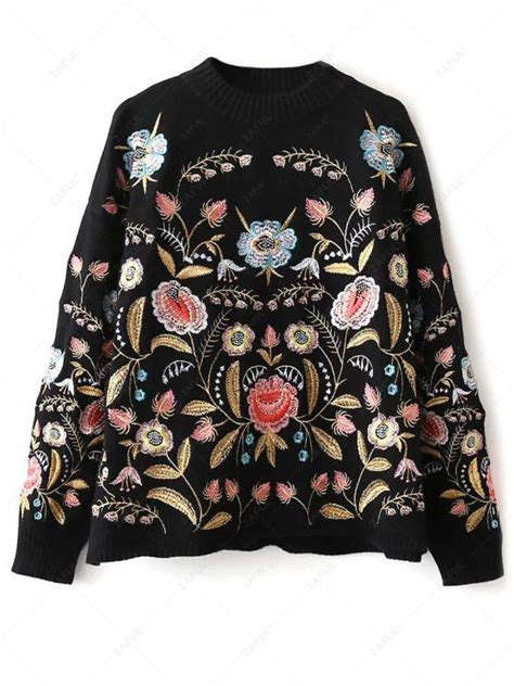 32 Off 2021 Floral Embroidered Sweater In Black Zaful