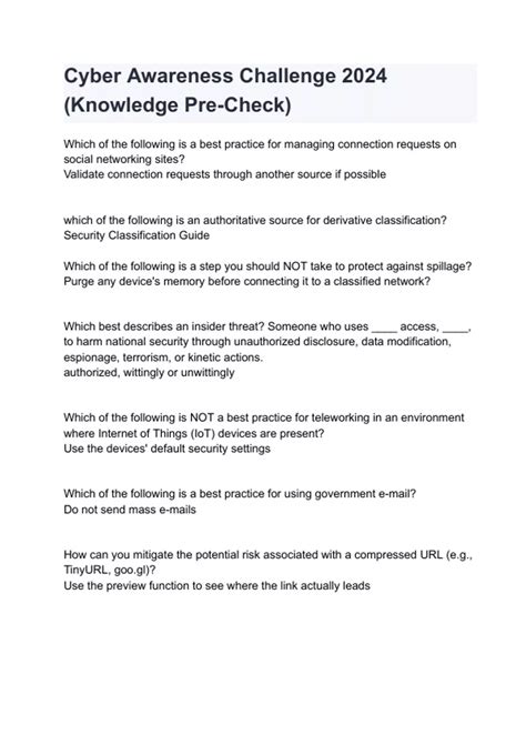 Cyber Awareness Challenge 2024 (Knowledge Pre-Check) Questions