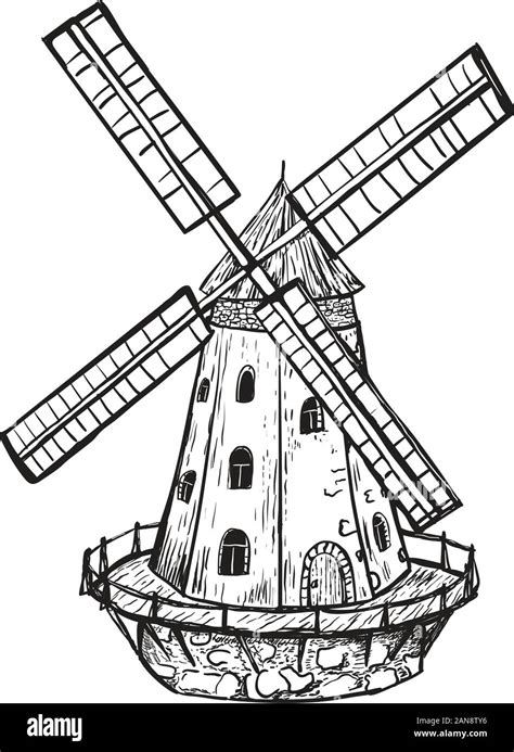 Windmill Hand Drawn Sketch Of Mill Engraving Vintage Style Vector