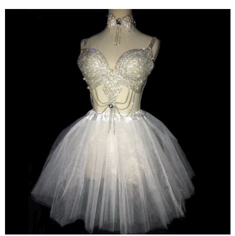 White Skirt Sparkly Glass Diamond Bikini Sets Bar Women Costume Nightclub Dj Singer Dancer